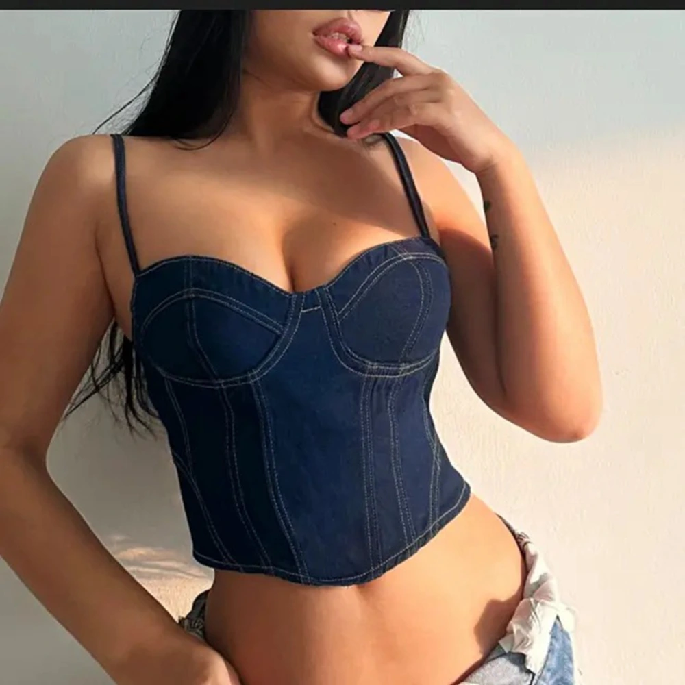 Tube Top Slim Fitted Plain Color Spaghetti Strap Sleeveless Tube Top for Women Lady Dating Blue L