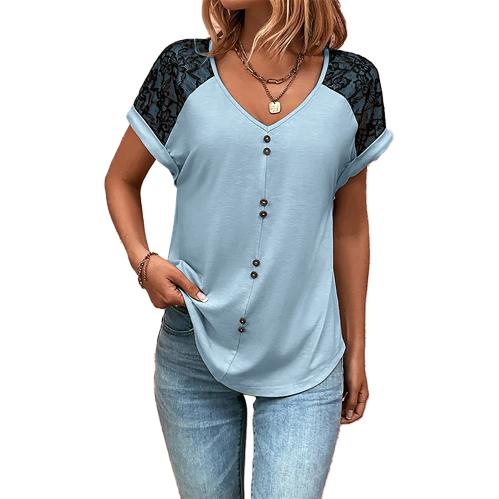 Women Summer Top Casual Loose Short Lace Sleeve V Neck Button Splicing T Shirt for Ladies Girls Blue XL