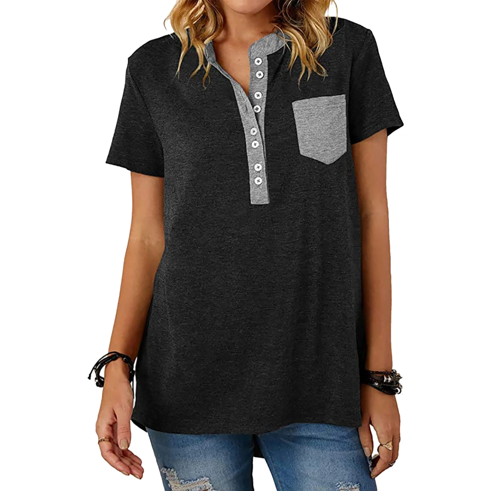 Women Short Sleeve Top Casual Fashionable Button Shirt Blouse with Patch Pocket for Office Work Black S