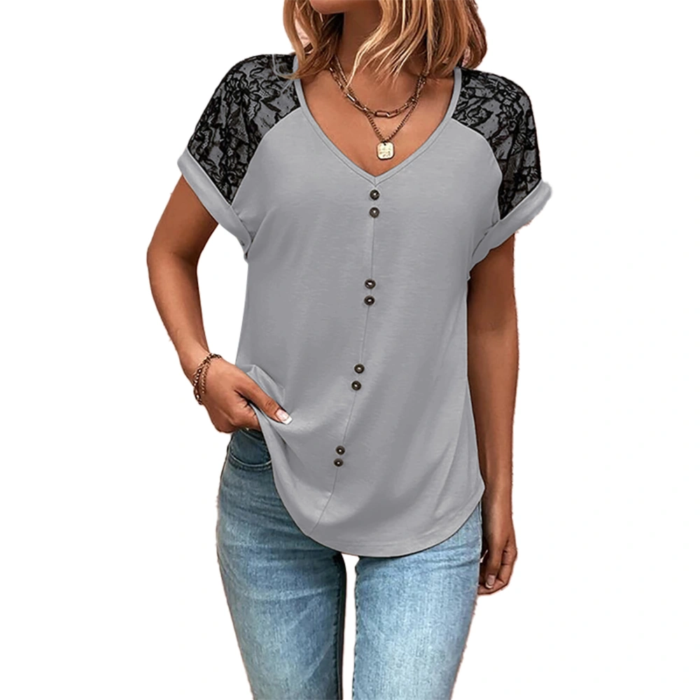 Women Summer Top Casual Loose Short Lace Sleeve V Neck Button Splicing T Shirt for Ladies Girls Grey L