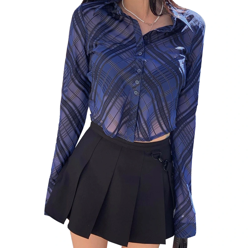 Long Sleeve Button Up Shirt Women Fashionable Elegant Turn Down Collar Sheer Mesh Top Blouse for Office Blue M