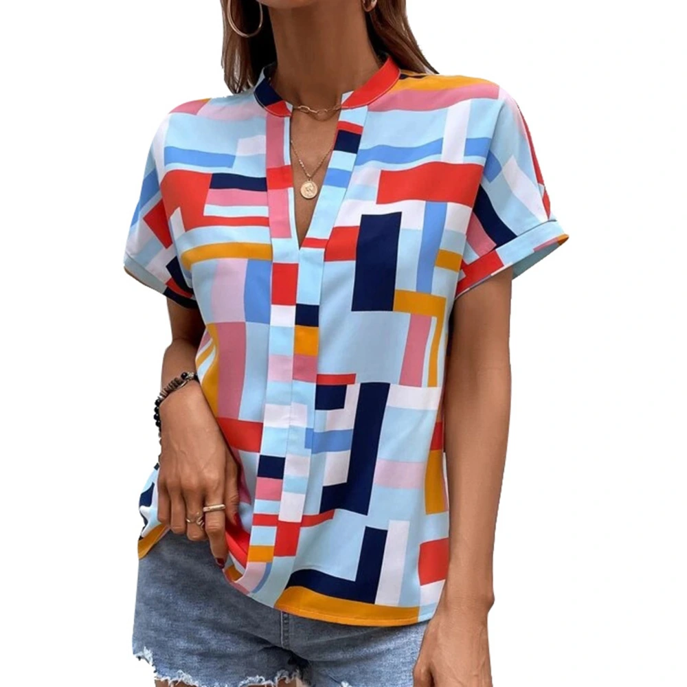 Women Graphic Print Top V Neck Short Sleeve Loose Fit Dressy Summer T Shirt Blouse Blue S