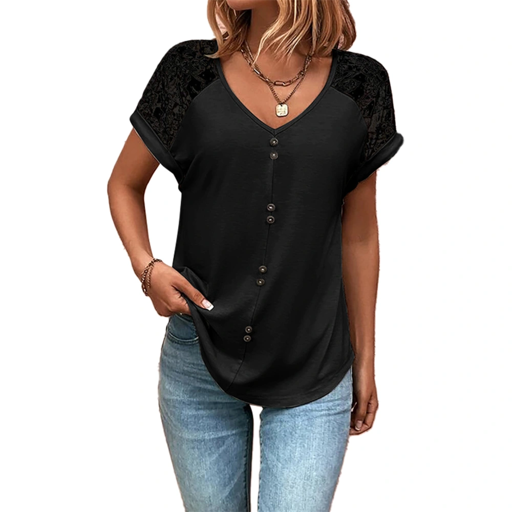 Women Summer Top Casual Loose Short Lace Sleeve V Neck Button Splicing T Shirt for Ladies Girls Black L