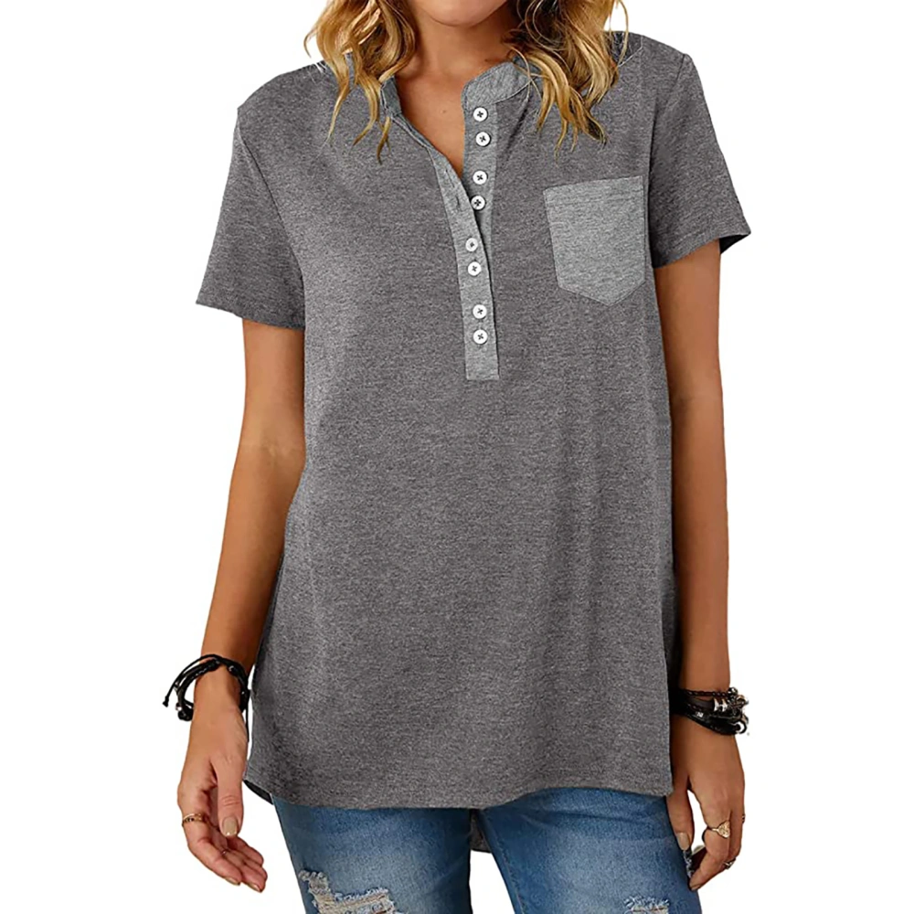 Women Short Sleeve Top Casual Fashionable Button Shirt Blouse with Patch Pocket for Office Work Dark Grey S