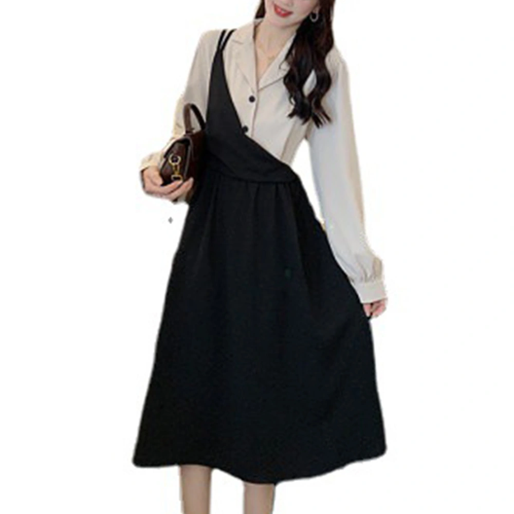 Women Midi Dress 2 In 1 Long Sleeve Turn Down Collar Midi Length Suit Dress For Ladies Black M