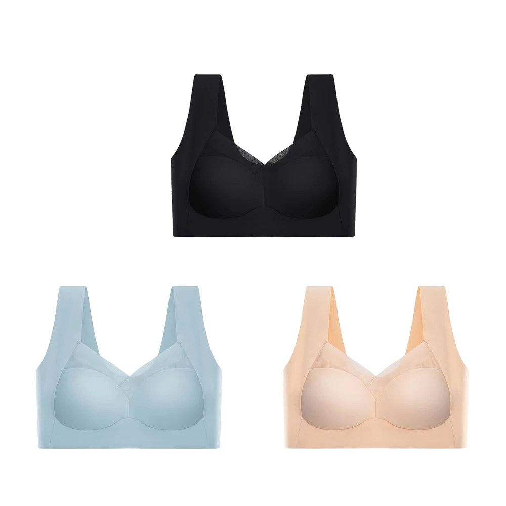 3 Pack Women Bralette Thin Fixed Wireless Ice Silk Texture Seamless Bralette with Support for Spots XXL Black Light Blue Skin Color