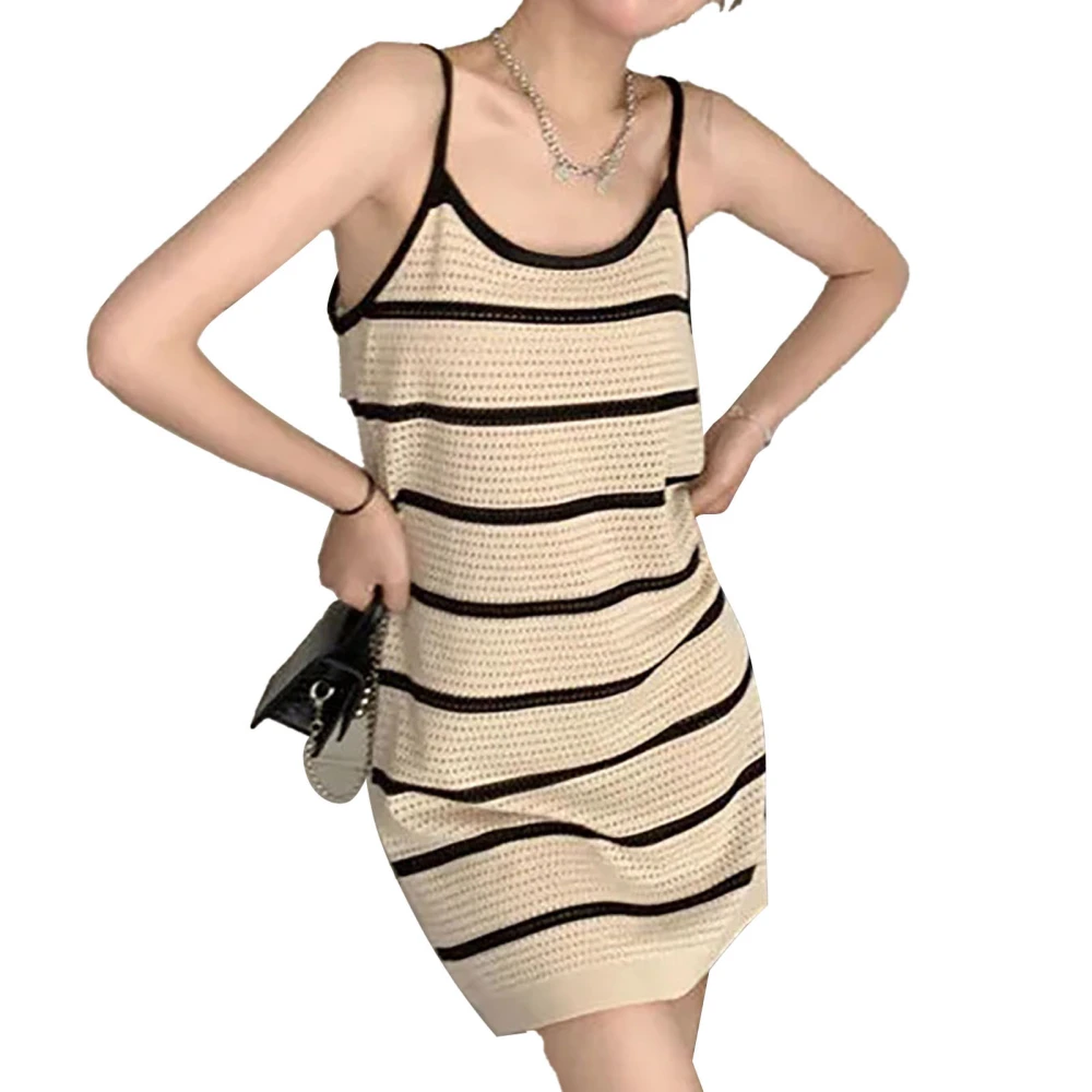 Strap Knit Dress Fashionable Soft Skin Friendly Breathable Women Knit Dress for Dating Office Work Apricot Free Size (35‑60kg/77.2‑132.3lb)