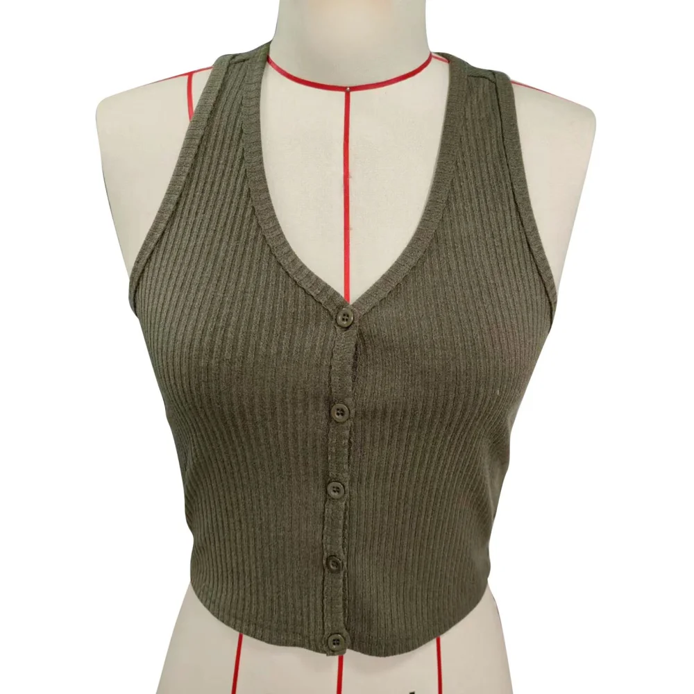 Women Rib Knit Tank Top Button Closure V Neck Pure Color Summer Sleeveless Vest for Daily Wear OD Green L