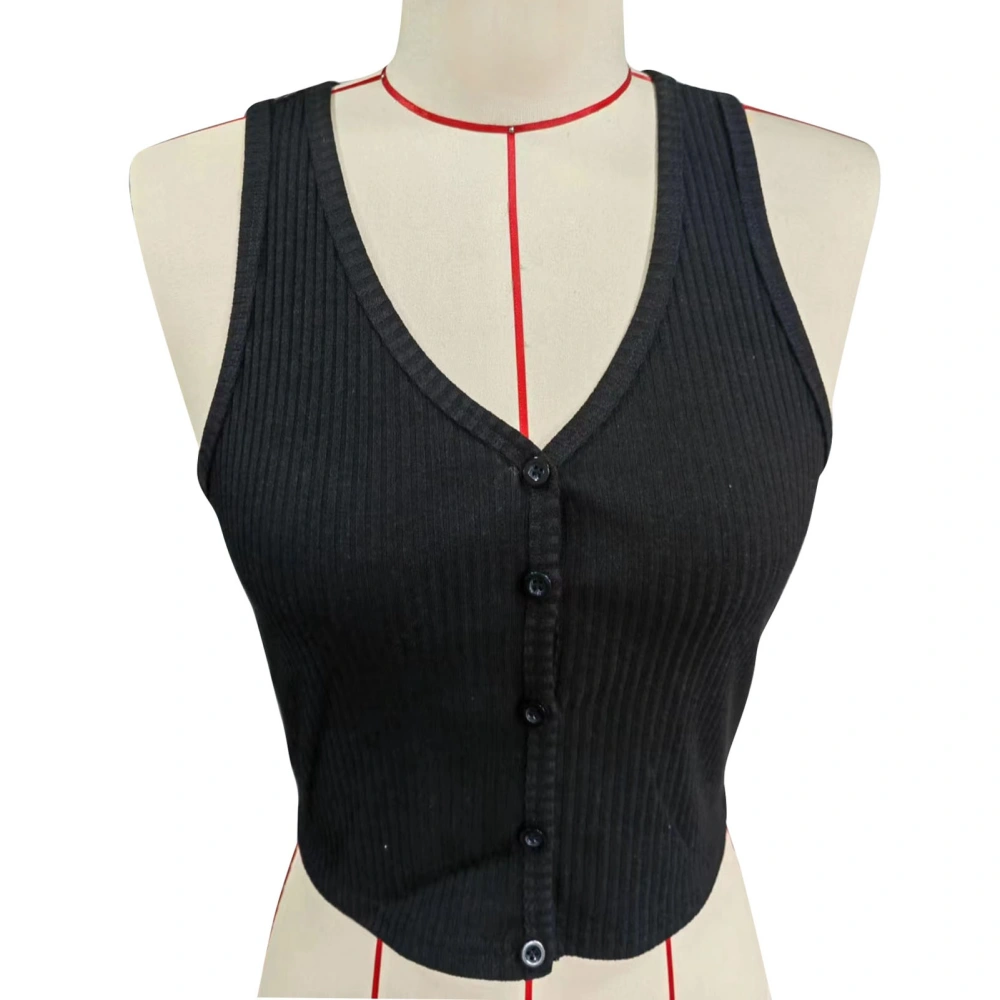 Women Rib Knit Tank Top Button Closure V Neck Pure Color Summer Sleeveless Vest for Daily Wear Black S