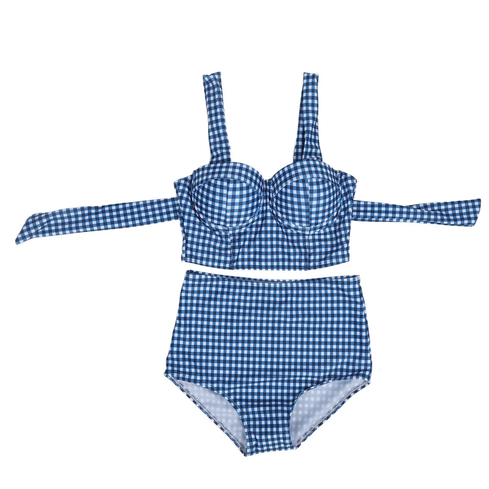 Women Two Piece Gingham Swimsuit High Waist Back Knot Vintage Bikini Bathing Suit for Beach M Blue Plaid Print