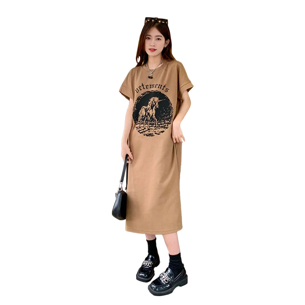 T Shirt Dress Polyester Skin Friendly Summer Loose Casual Short Sleeve Long Dress for Women Brown M