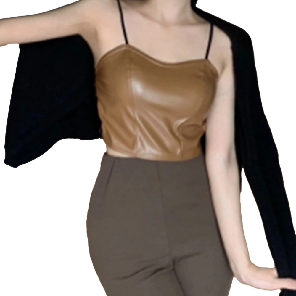 Women PU Leather Top Motorcycle Style Spaghetti Strap Sleeveless Off Shoulder Tube Top Camisole with Chest Pads Brown Free Size