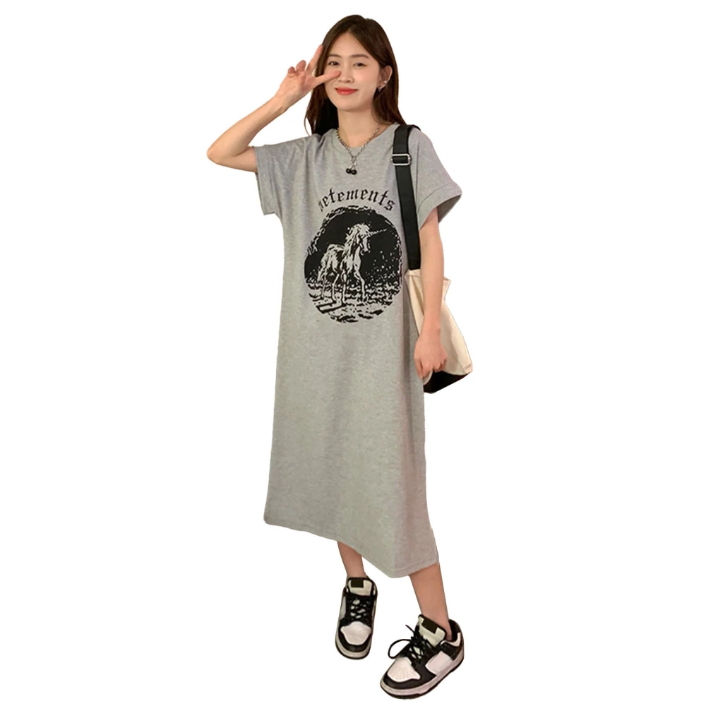 T Shirt Dress Polyester Skin Friendly Summer Loose Casual Short Sleeve Long Dress for Women Grey L