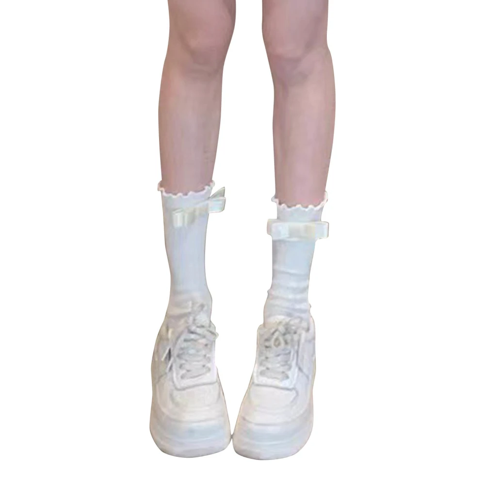 Frill Trim Long Socks Casual Knit Ruffle Turn Cuff Socks with Bows for Girls Women White Bow Free Size