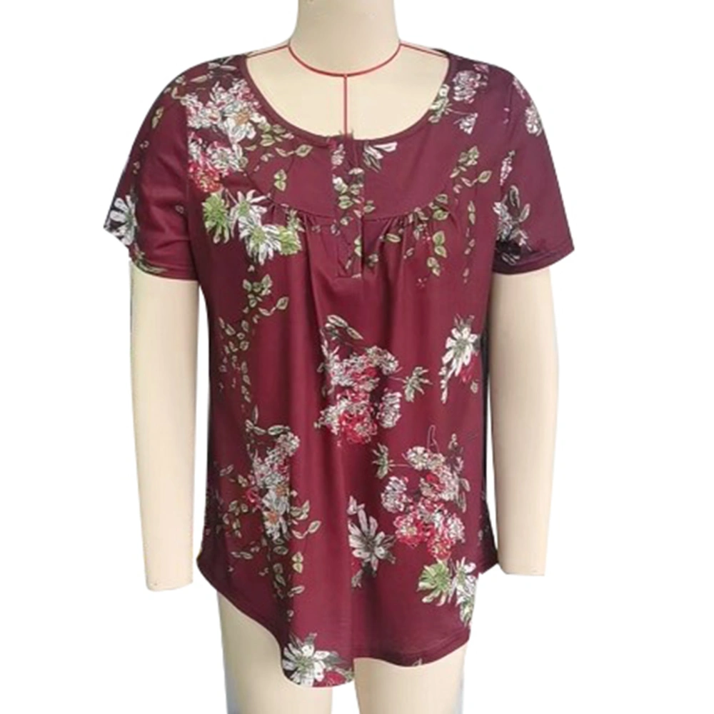 Women Summer T Shirt Short Sleeves Front Button Trim Pleated Casual Blouses for Daily Wear Wine Red Floral S