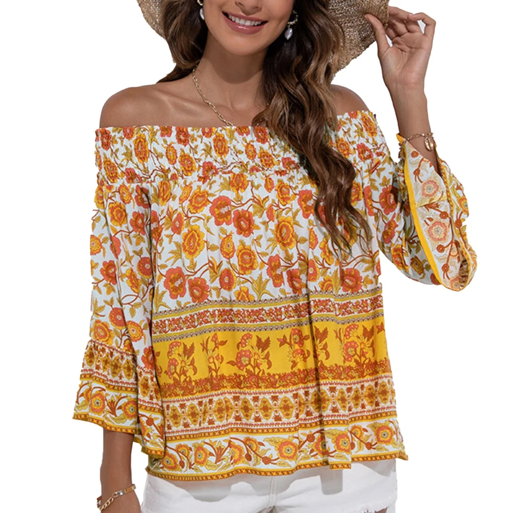 Off Shoulder Blouse Bell Sleeve Floral Printed Off Shoulder Blouse for Women Lady Dating Office Orange XL