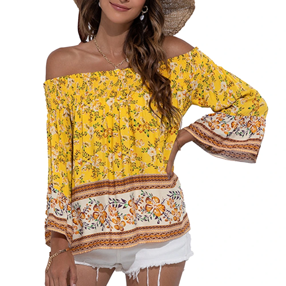 Off Shoulder Blouse Bell Sleeve Floral Printed Off Shoulder Blouse for Women Lady Dating Office Yellow XL