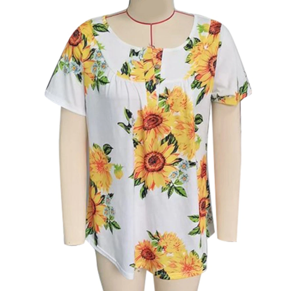 Women Summer T Shirt Short Sleeves Front Button Trim Pleated Casual Blouses for Daily Wear Sunflower XXL