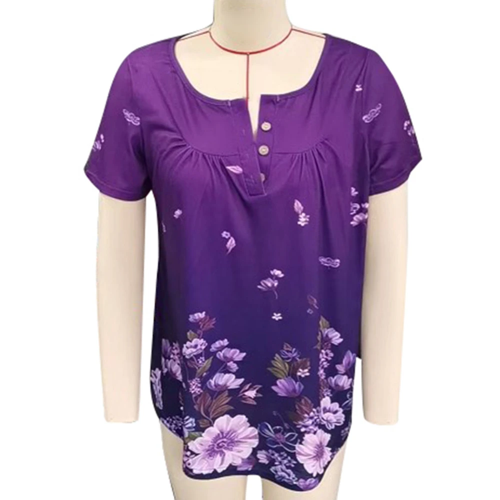 Women Summer T Shirt Short Sleeves Front Button Trim Pleated Casual Blouses for Daily Wear Purple Floral M