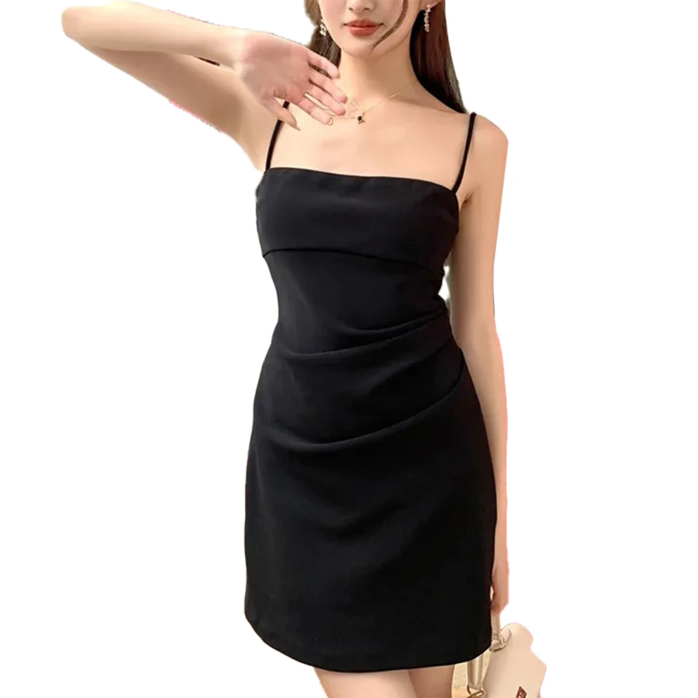 Women Camisole Dress Sleeveless Short Camisole Slip Charming Pure Color Ruched Dress Black M