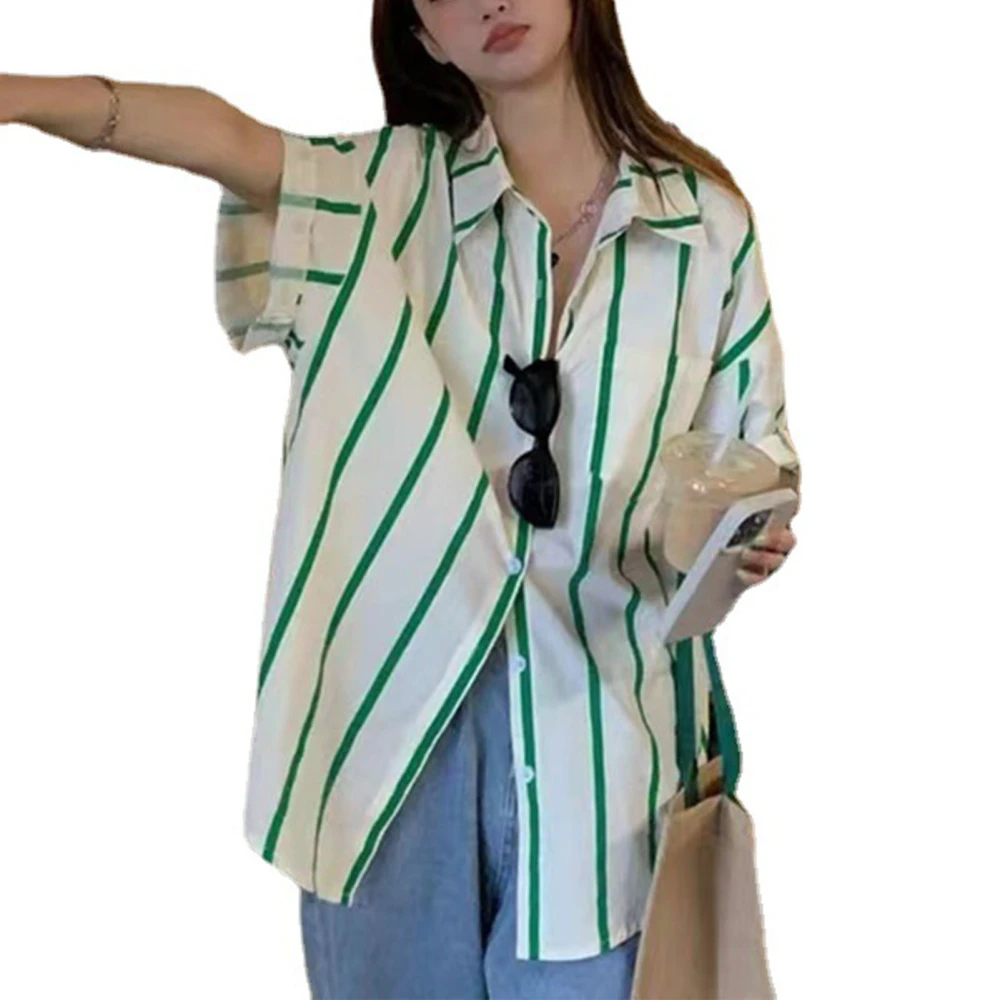 Women Striped Shirt Short Sleeve Turn Down Collar Button Down Loose Fit Lady Blouse for Summer Green Stripe M