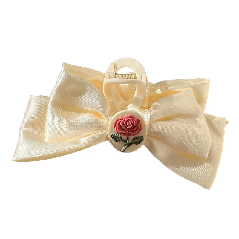 Bow Jaw Clip Colorful Strong Hold Hair Styling Bow Rose Pattern Hair Claw Jaw Clip for Women Lady Spring Beige