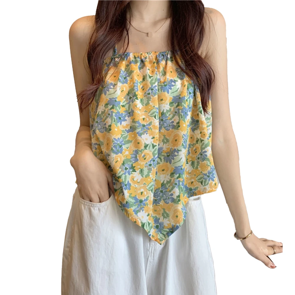 Halter Tank Tops for Women Floral Fashion Soft Skin Friendly Breathable Loose Tank Top for Outdoor Daily Yellow Free Size (35‑60kg / 77.2‑132.3lb)