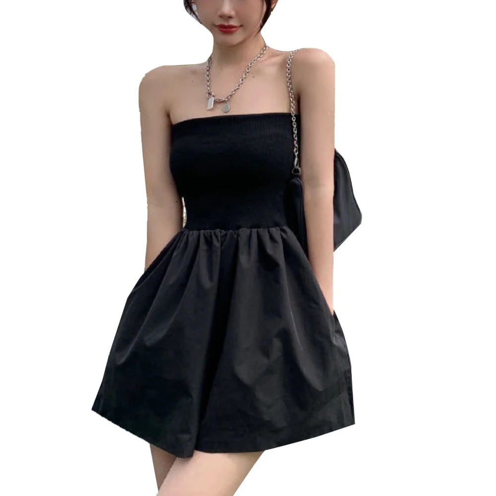 Women Summer Short Dress Casual Tube Top Rib Knit Slim Fit Short Dress for Women Girls Black L