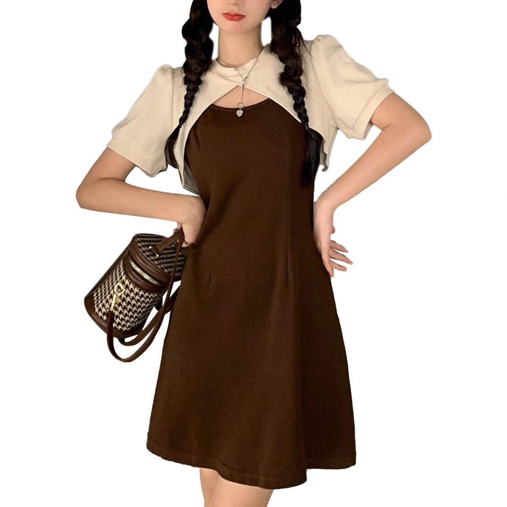 Woman Shawl Dresses Two Piece Suspender Skirt Suit Crop Top with One Piece Dress for Travel Vacation Brown M