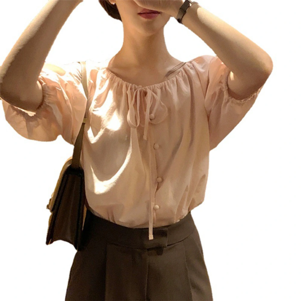 Women Short Sleeve Shirt Button Front Puff Sleeve Ruched Tie Neck Cute Sweet Loose Casual Top Light Pink M