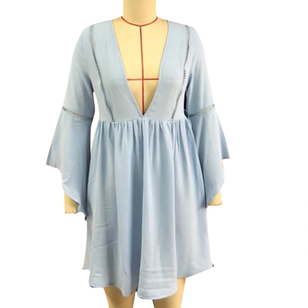 Women Short Dress Deep V Neck Mesh Splicing Irregular Hem Long Flared Sleeves Summer Dress Light Blue XXL