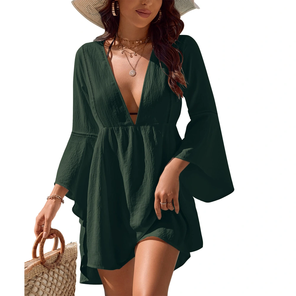 Women Short Dress Deep V Neck Mesh Splicing Irregular Hem Long Flared Sleeves Summer Dress Green S