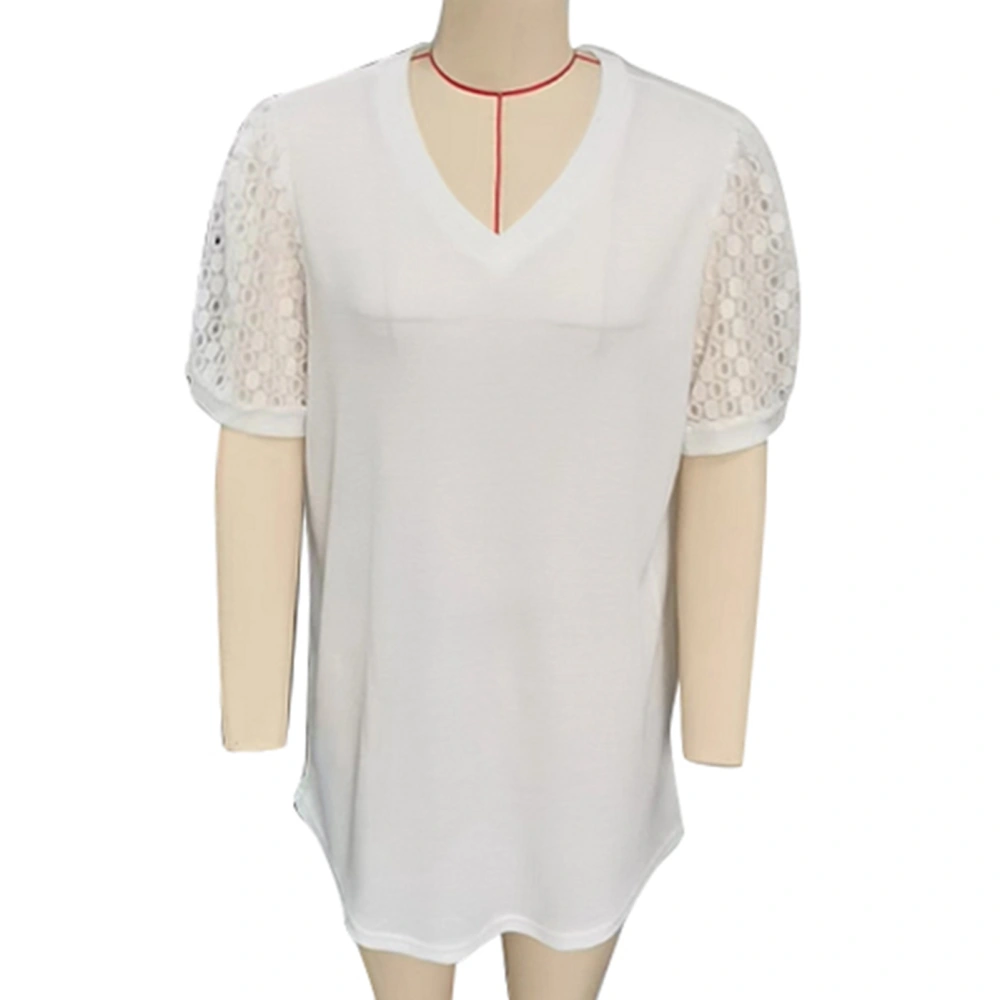 Women V Neck Lace Short Sleeve Shirt Knit Hollow Out Loose Casual Plus Size Tee Blouse White 3XL