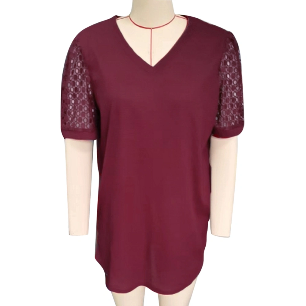 Women V Neck Lace Short Sleeve Shirt Knit Hollow Out Loose Casual Plus Size Tee Blouse Wine Red L