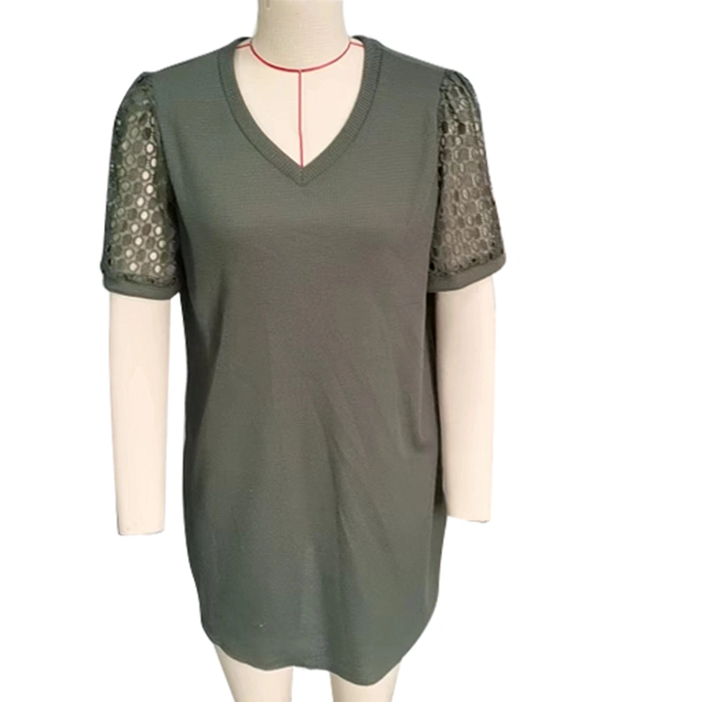 Women V Neck Lace Short Sleeve Shirt Knit Hollow Out Loose Casual Plus Size Tee Blouse OD Green 4XL