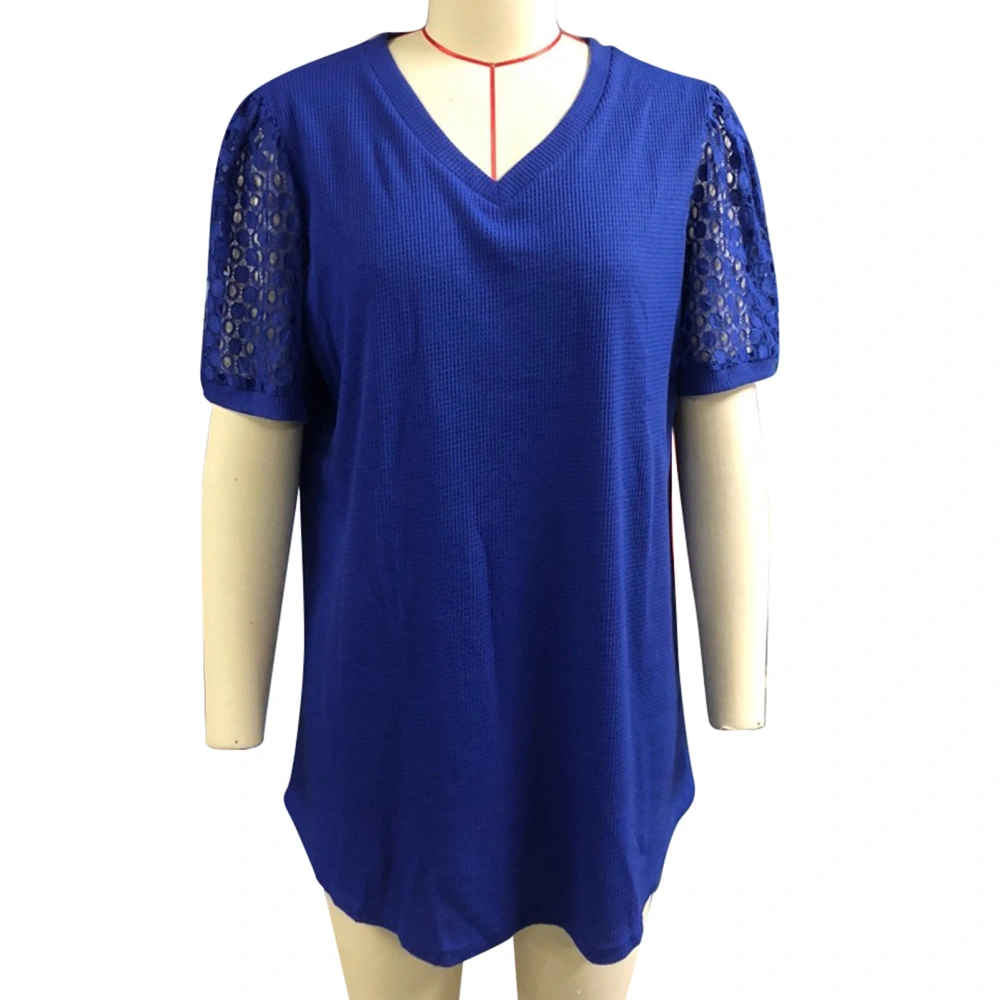 Women V Neck Lace Short Sleeve Shirt Knit Hollow Out Loose Casual Plus Size Tee Blouse Blue 2XL