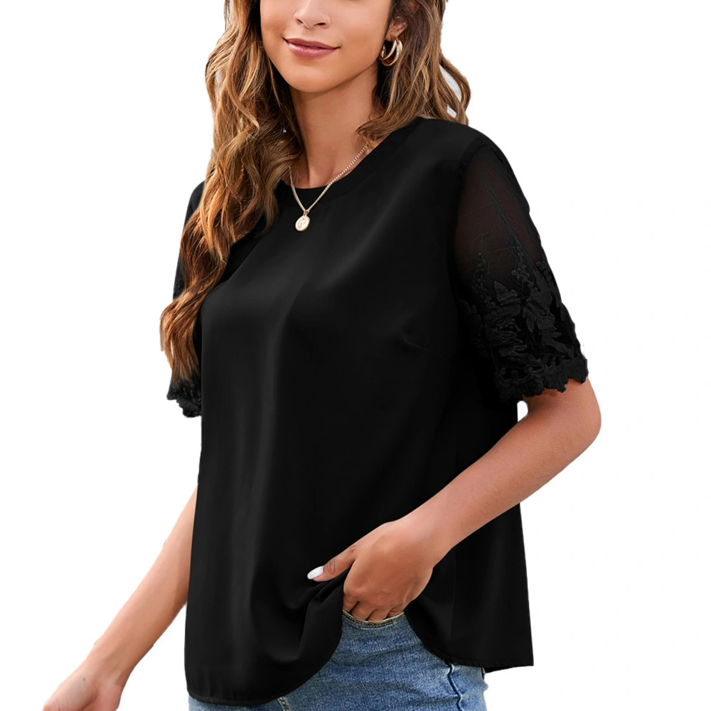 Women Lace Short Sleeve T Shirt Elegant Fashionable Pure Color Crewneck Top Blouse for Dating Black S