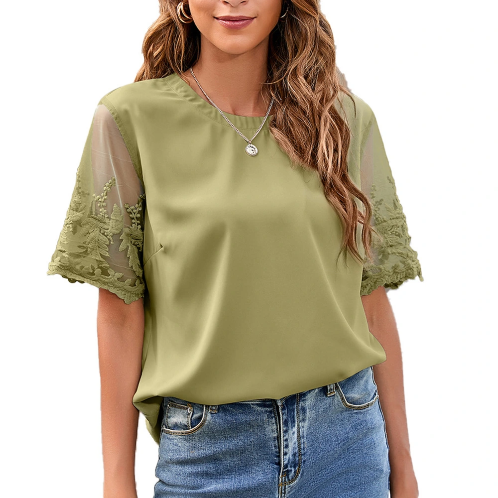 Women Lace Short Sleeve T Shirt Elegant Fashionable Pure Color Crewneck Top Blouse for Dating Green S