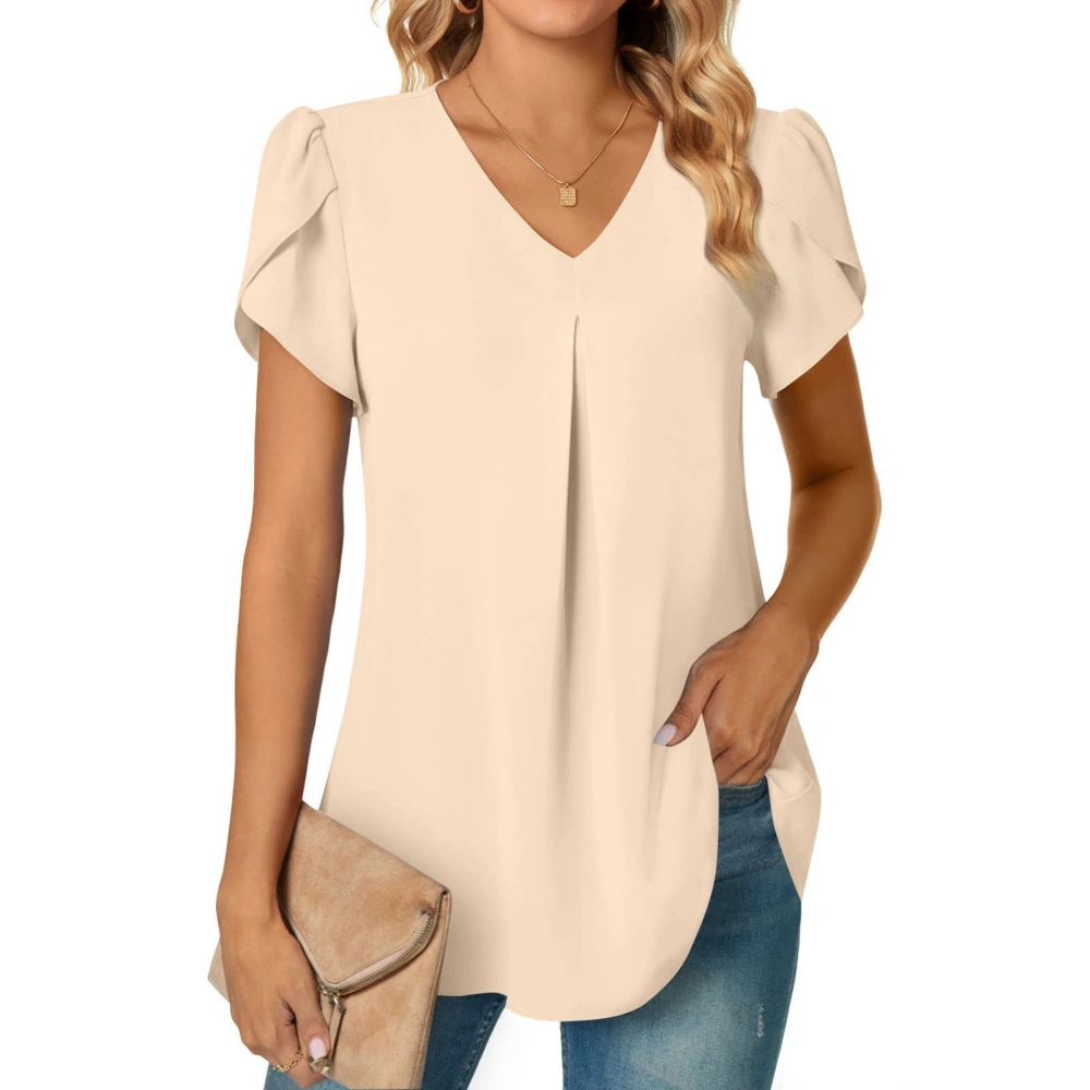 Women Summer Dressy Chiffon Blouses V Neck Short Petal Sleeve Casual Pleated Basic T Shirts Apricot M