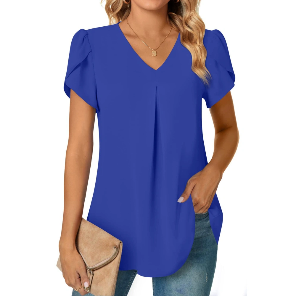 Women Summer Dressy Chiffon Blouses V Neck Short Petal Sleeve Casual Pleated Basic T Shirts Blue M