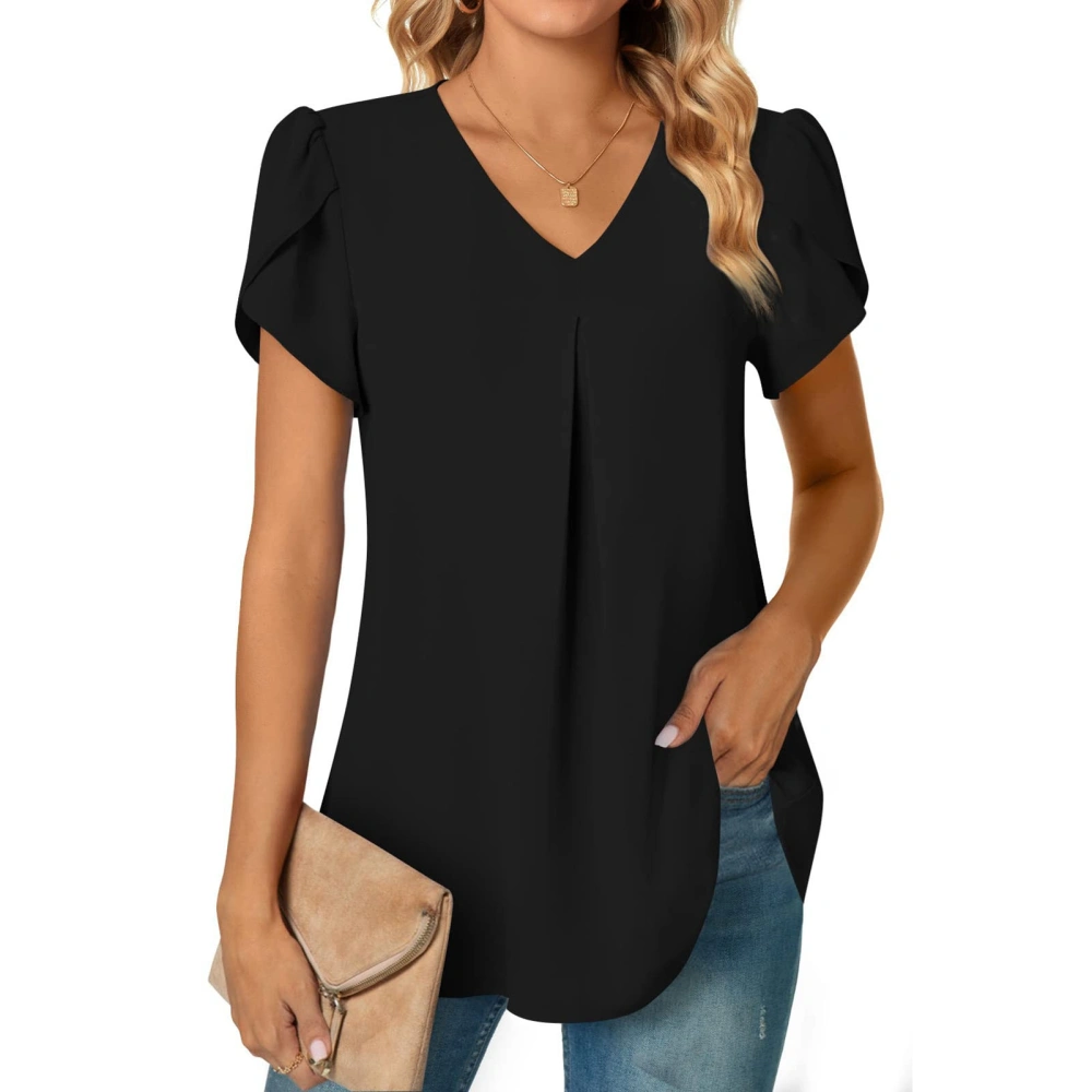 Women Summer Dressy Chiffon Blouses V Neck Short Petal Sleeve Casual Pleated Basic T Shirts Black S