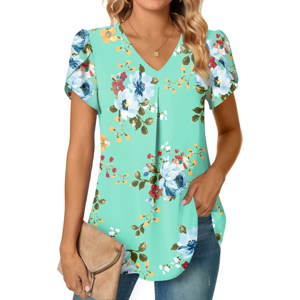 Women Summer Dressy Chiffon Blouses V Neck Short Petal Sleeve Casual Pleated Basic T Shirts Green Blue Floral Print L