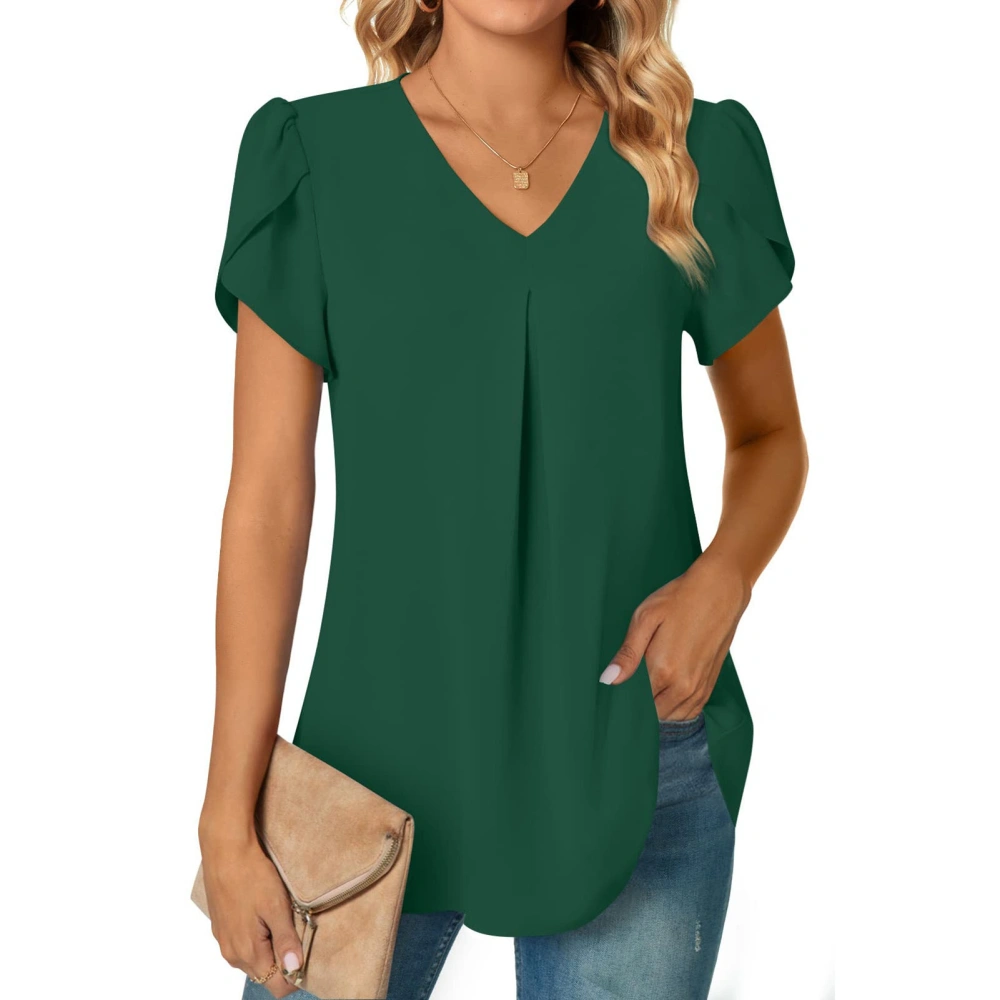 Women Summer Dressy Chiffon Blouses V Neck Short Petal Sleeve Casual Pleated Basic T Shirts OD Green M