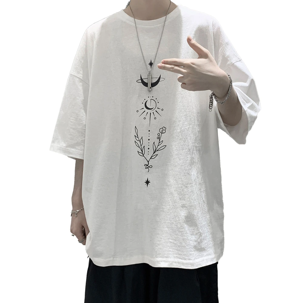 Men Half Sleeve Shirt Round Neck Printed Loose Causal Men Short Sleeve Pullover Shirt Top for Summer Daily White XL