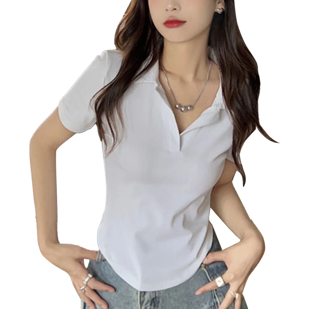 Women Collared Short Sleeve T Shirt Summer Fashion Casual Slimming Women Short Sleeve Collared Blouses White M