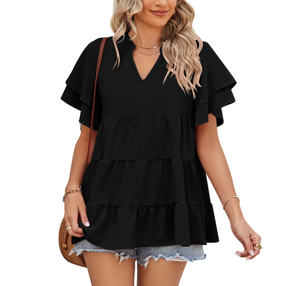 Women Summer Top Splicing Ruffle Hem V Neck Double Ruffle Short Sleeves Cute Shirt Top Black XXL