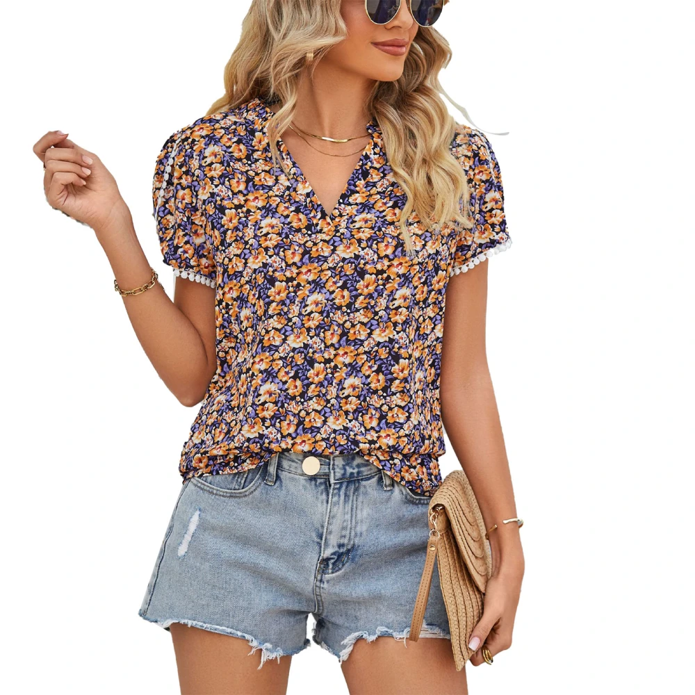 Women Summer Blouse Casual Loose Short Petal Sleeve Floral Print V Neck Blouse for Women Ladies Orange L