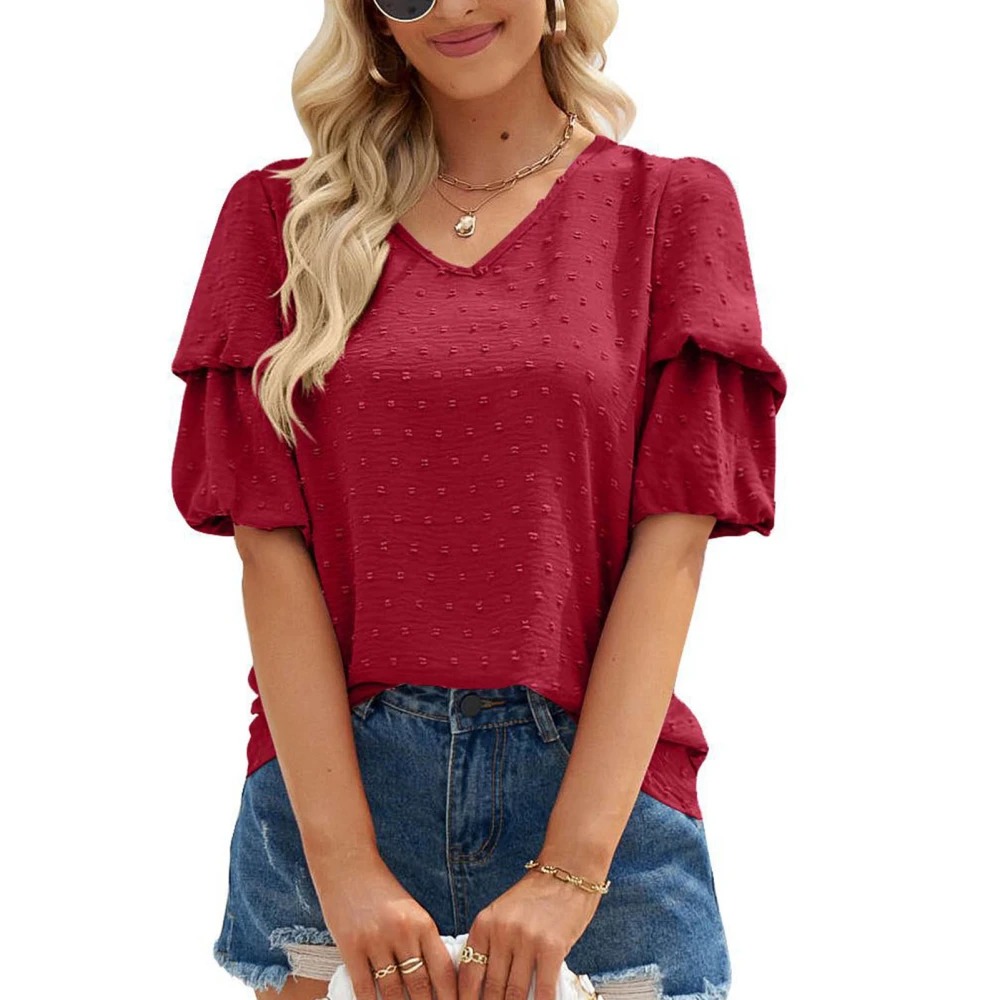 Women Summer Top Casual Jacquard Dot Lantern Tapered Short Sleeves V Neck Shirt Top Burgundy XL