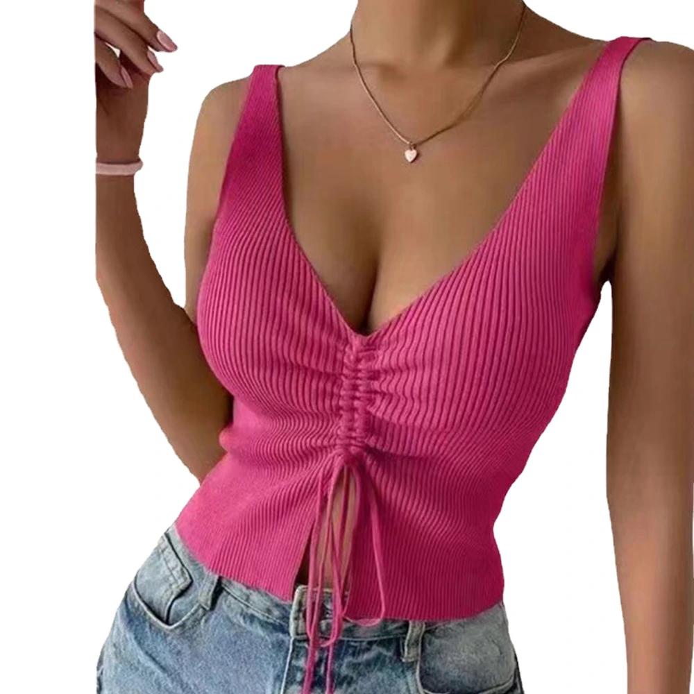 Knitted Drawstring Top Fashionable Versatile V Neck Slim Fit Women Sleeveless Top for Daily Outdoor Red M