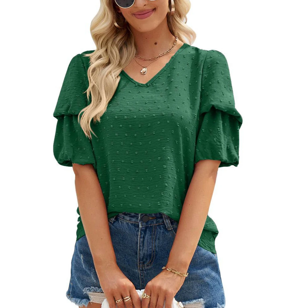 Women Summer Top Casual Jacquard Dot Lantern Tapered Short Sleeves V Neck Shirt Top Dark Green L